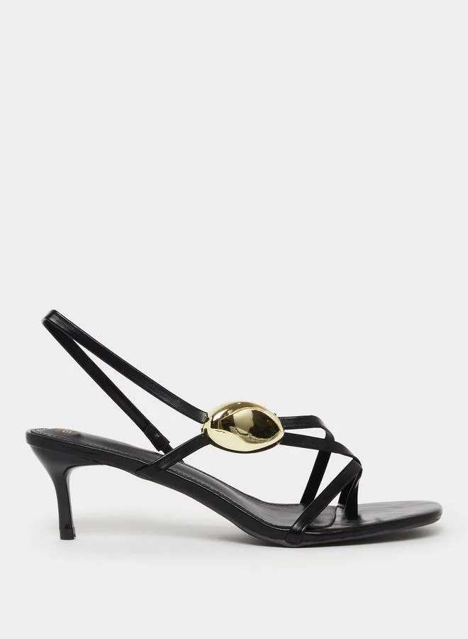 Styli Black Strappy Sandals with Gold Detail